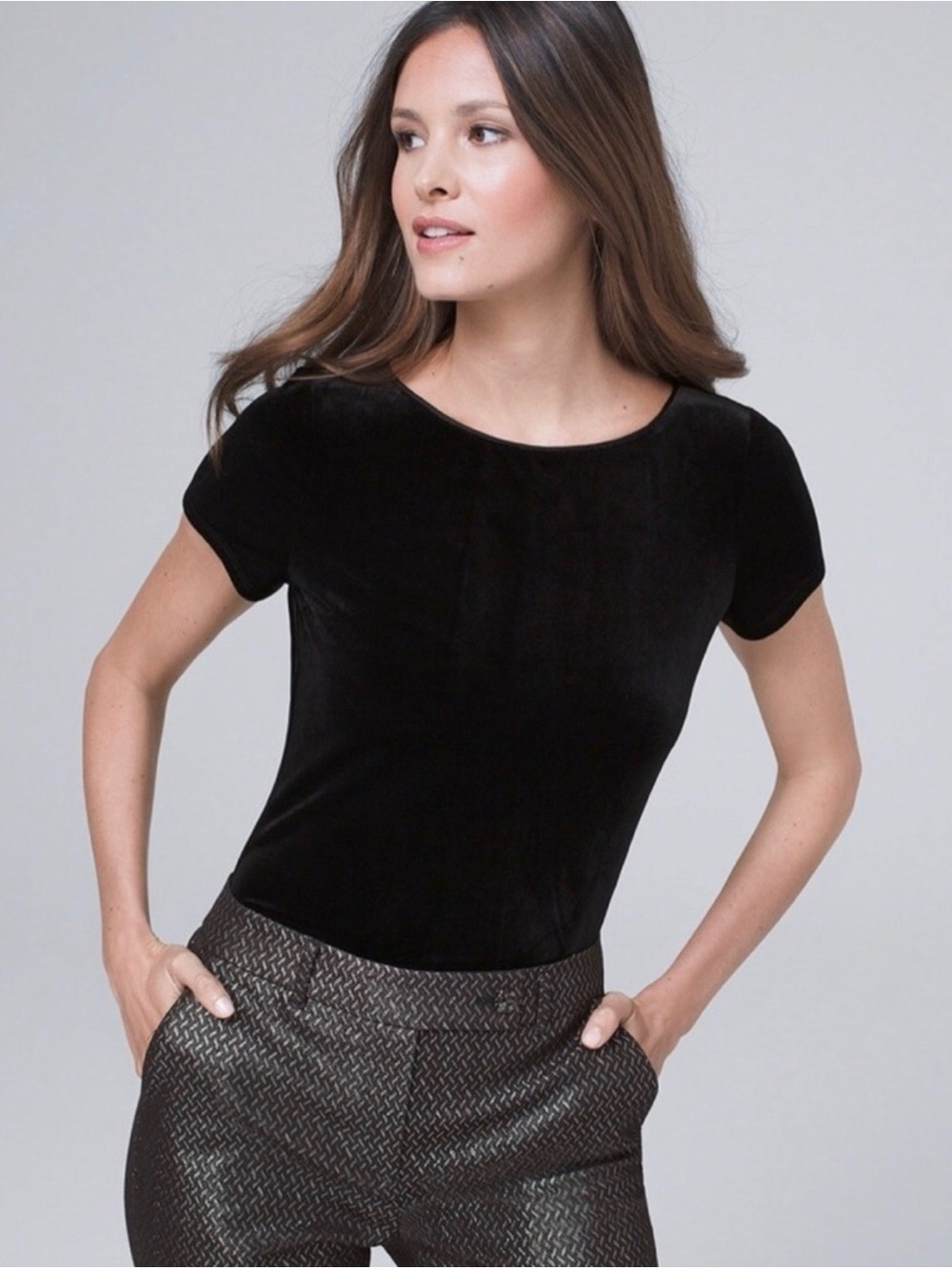 NWOT WHBM Velvet Short Sleeve Tee, Black | Sz S